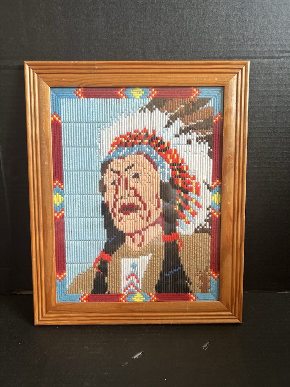 Vintage 1970s Native American Yarn Art Portraits – Framed Set of 2